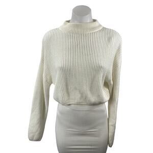 H&M Women's White Ribbed Knit Mock Neck Long Sleeve Cropped Sweater Top Size S